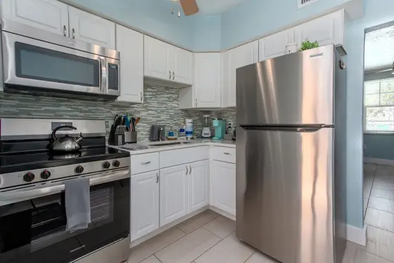 Kitchen: Features brand new stainless steel appliances including large fridge, stove, oven, kettle, blender, coffee maker, and microwave.