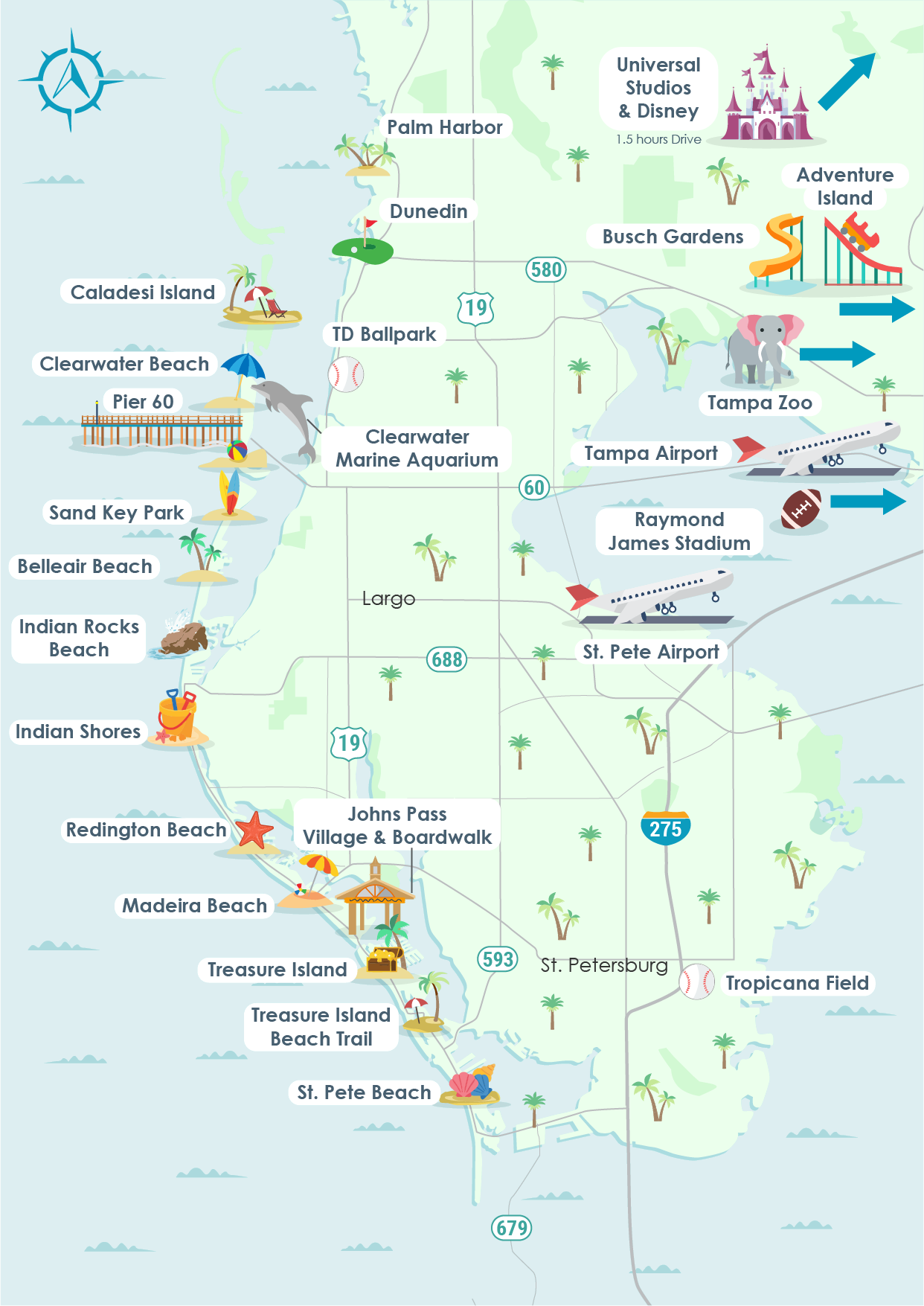 Illustrated map of Tampa Bay area attractions