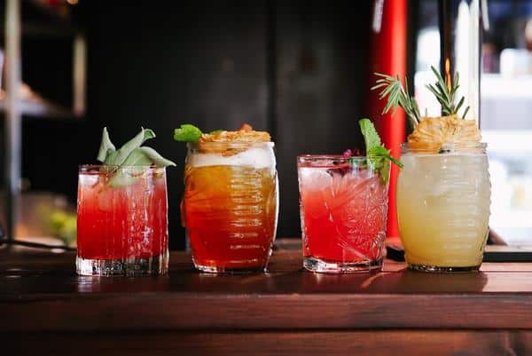 lineup of four artisan cocktails with botanical garnishes