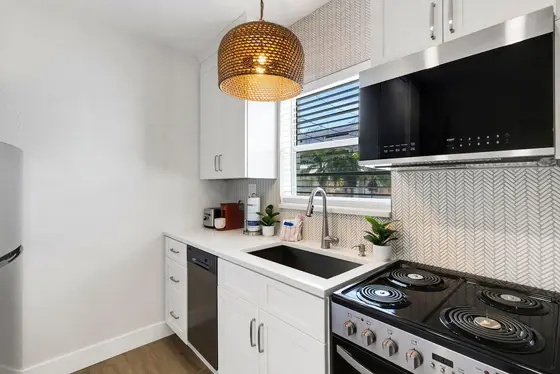 Fully equipped kitchen with stainless appliances, dishwasher, and everything you need to cook up a
